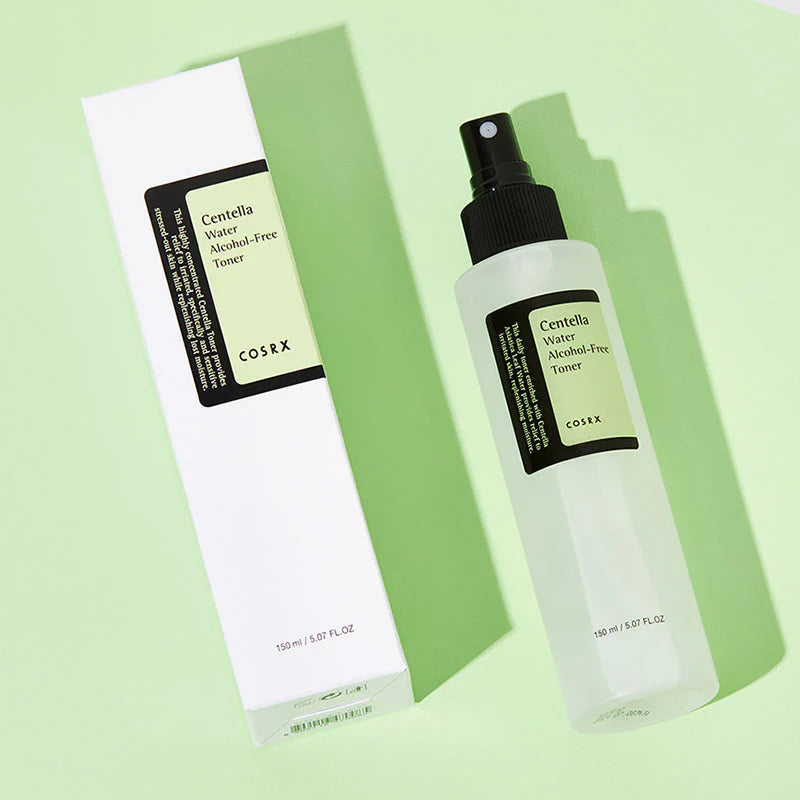 CosRX Centella Water Alcohol-Free Toner bottle and box on a light green background
