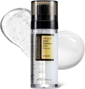 Cosrx Advanced Snail Radiance Dual Essence bottle with product smear on a white background