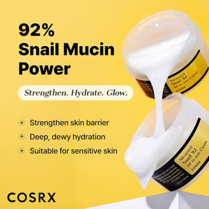 Cosrx snail mucin cream with text on a yellow background