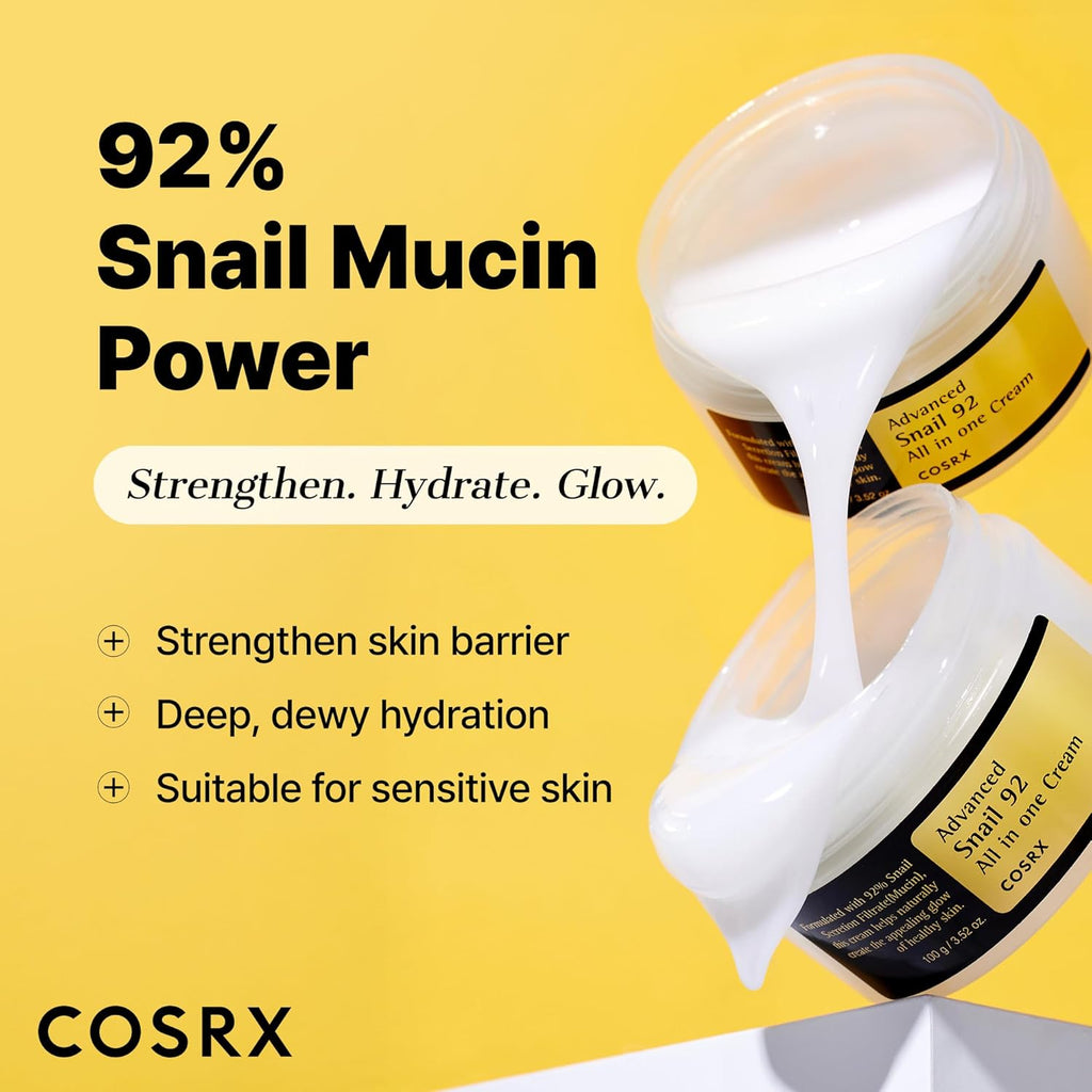 Cosrx snail mucin cream with text on a yellow background