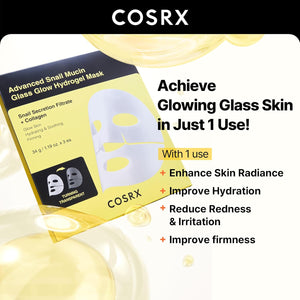 COSRX Advanced Snail Mucin Glass Glow Hydrogel Mask packaging with benefits text on a white background