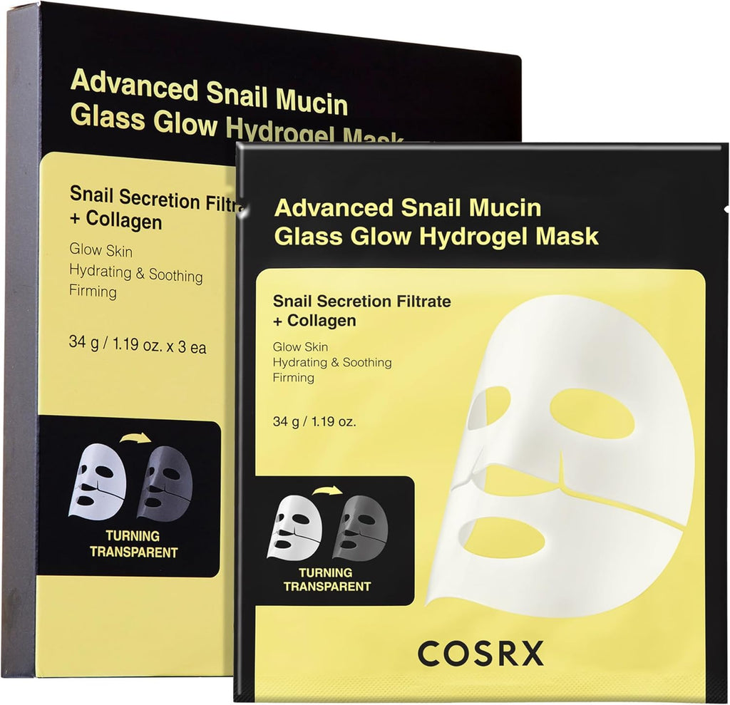 COSRX Advanced Snail Mucin Glass Glow Hydrogel Mask packaging on a white background