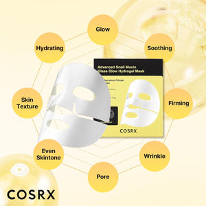 COSRX Advanced Snail Mucin Glass Glow Hydrogel Mask with benefits on a yellow background