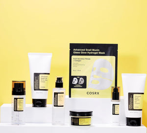 Cosrx skincare products including masks, creams, and serums on a yellow background