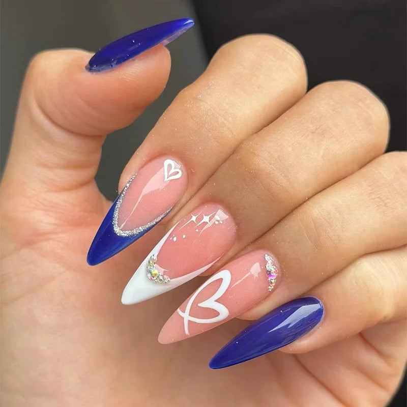 Blue Long Stiletto Fake Nails-3