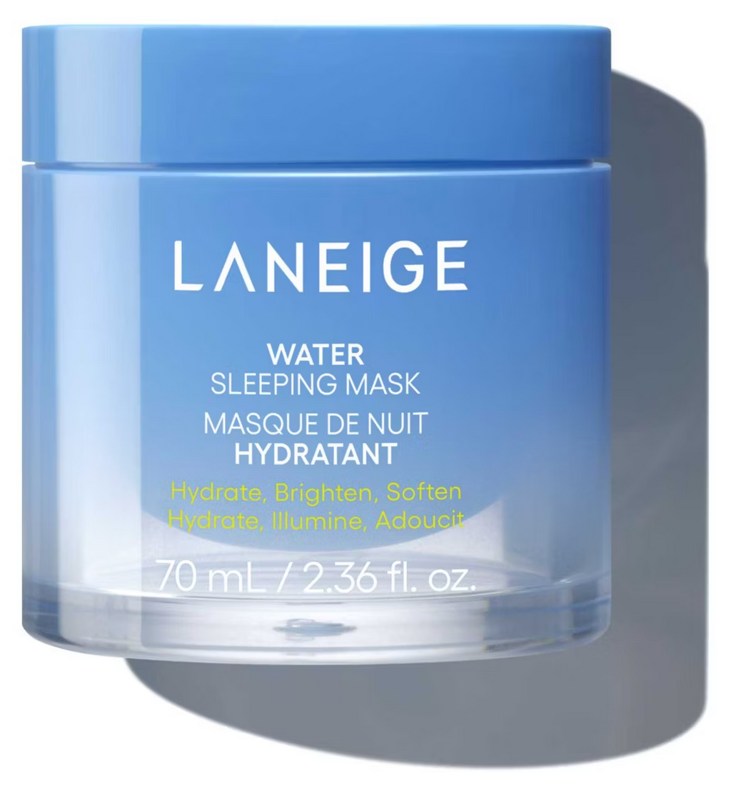 Laneige water sleeping mask jar with blue lid and label on a white background