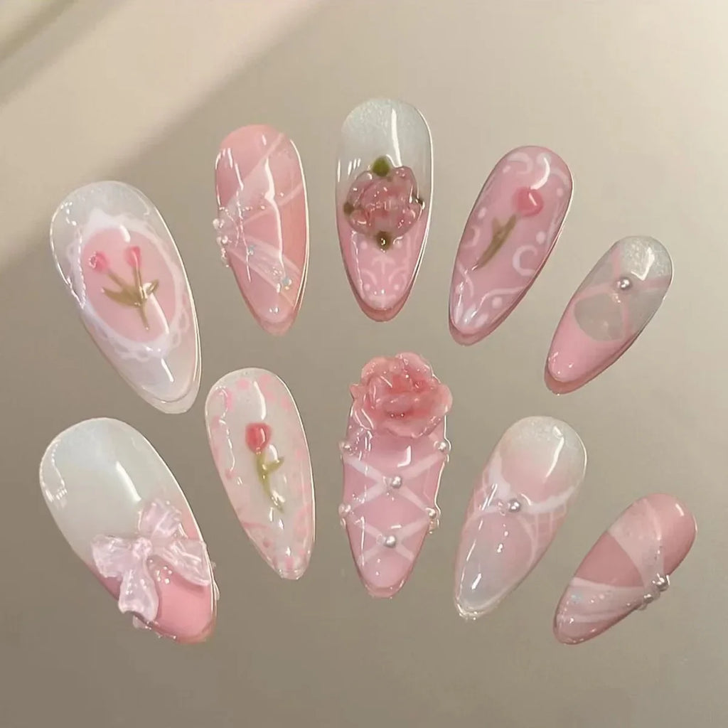 Pink Almond False Nails-4