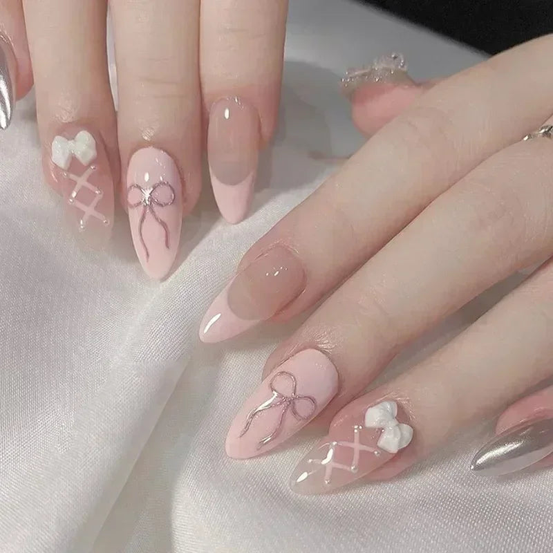 Pink Almond False Nails-49