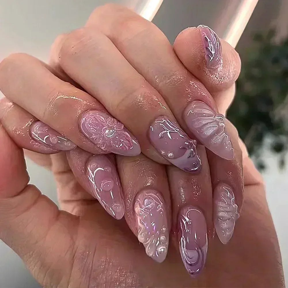 Pink Almond False Nails-38
