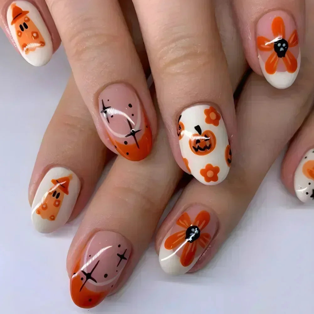 Whimsical Clown Almond Press-On Nails on!-33