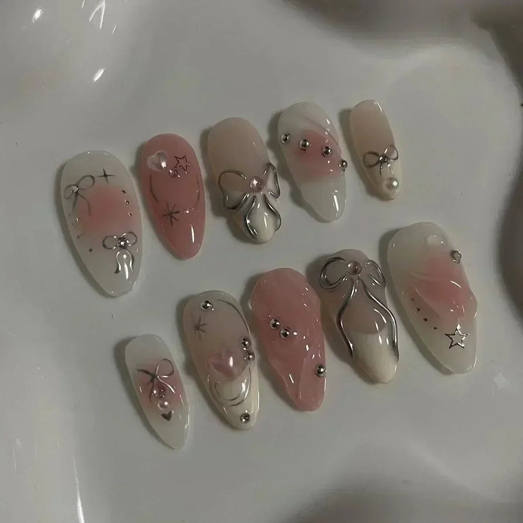 Pink Almond False Nails-35