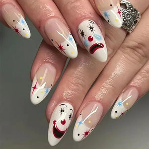 Whimsical Clown Almond Press-On Nails on!-0