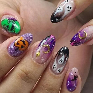 Whimsical Clown Almond Press-On Nails on!-15