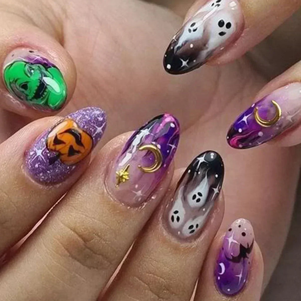 Whimsical Clown Almond Press-On Nails on!-15