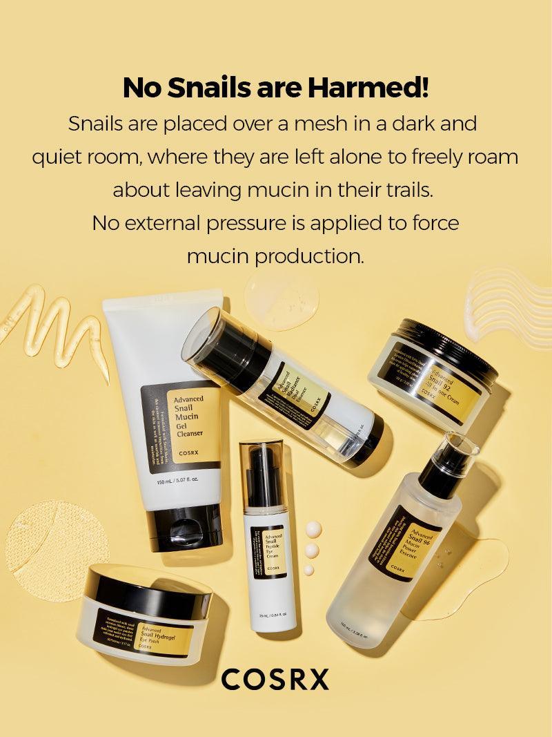 Cosrx skincare products on a yellow background with text about snail mucin sourcing.