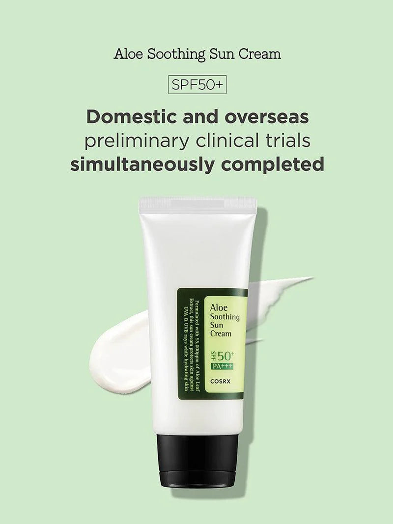 CosRX Aloe Soothing Sun Cream tube on a light green background