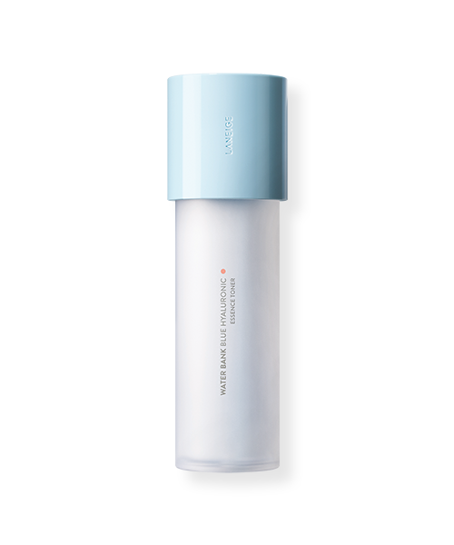 Skincare bottle with blue cap and white body on a light gray background