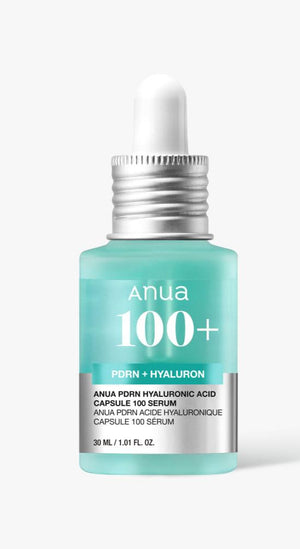 Anua 100+ serum bottle with dropper on a white background